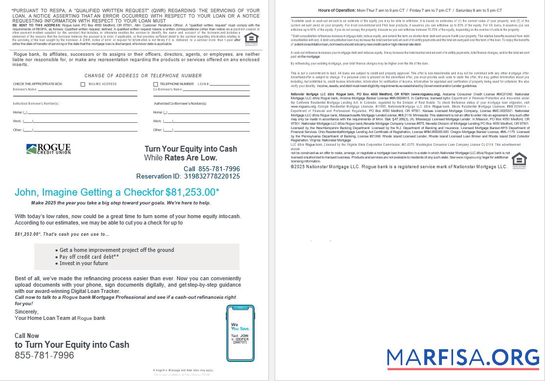 Blank USA Oregon Rogue bank mortgage loan statement in Word and PDF formats , 4 pages 3 4 template